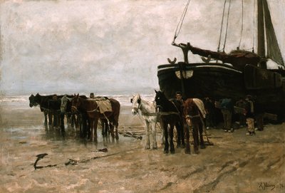 Nederländska: Bomschuit med bogserhästar på Scheveningens strand Fiskebåt med bogserhästar på Scheveningens strand av Anton Mauve