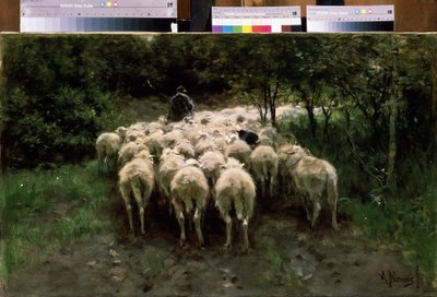 Får i skogen. Får i skogen. Herde med en boskapsflock sedd bakifrån. Målning av Anton Mauve (1838-1888). Olja på duk. holländsk målning. Pushkin Museum of Fine Arts, Moskva av Anton Mauve