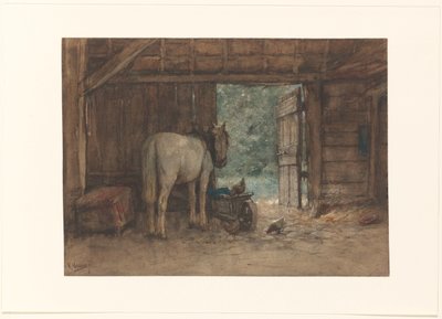 Häst i ett stall vid en öppen stalldörr av Anton Mauve