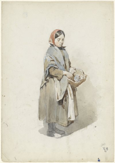 Stående kvinna med huvudduk och korg av Anton Mauve