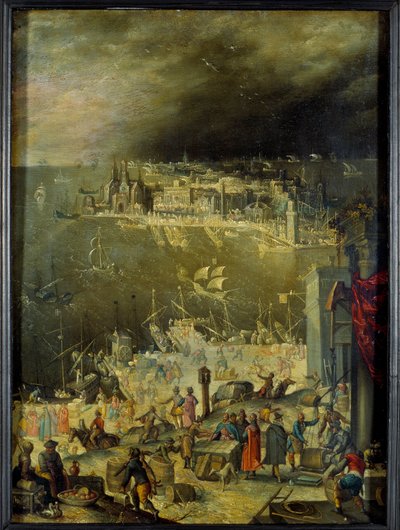 Utsikt över en hamn Representation av kommersiell verksamhet, lossning av varor, transaktioner på hamnen. Målning tillskriven Anton Mozart (1573-1625), sön. 0,3x0,22 m paris, Louvren av Anton Mozart