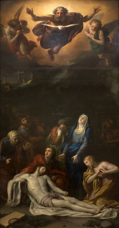 Nedstigningen från korset - Bland karaktärerna representerade runt Jesu Kristi kropp: Sankt Josef av Arimatea, Sankt Nikodeme, Sankta Maria Magdalena, Jungfru Maria och Sankt Johannes evangelisten – Representation av den heliga treenigheten (Gud, Jesus Chr av Anton Raphael Mengs
