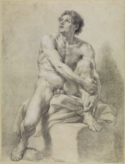 Sittande manlig akt, ungefär framifrån, med vänster ben upplyft och hållet med båda händerna av Anton Raphael Mengs