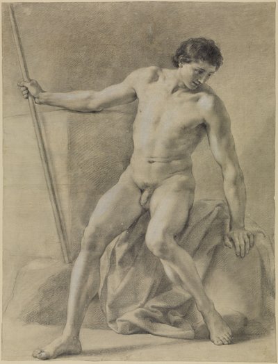Sittande manlig akt, nästan framifrån, stav i höger hand, blickande nedåt av Anton Raphael Mengs
