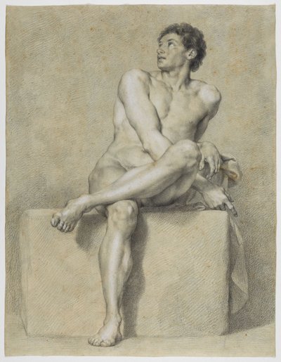 Sittande manlig nakenstudie, framifrån, med vänster ben över det högra, blickande uppåt av Anton Raphael Mengs