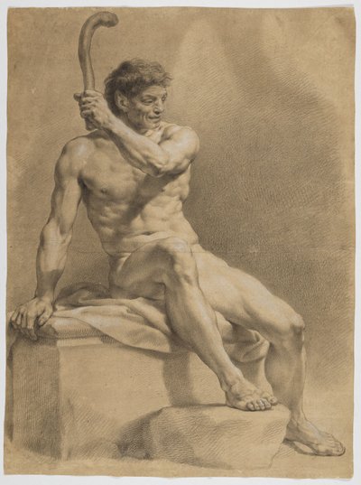 Sittande manlig nakenmodell, snett åt höger, med en liten klubba upplyft i vänster hand av Anton Raphael Mengs
