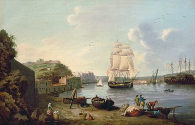 Skepp under segel i hamnen i Port Mahon, Minorca av Anton Schantz