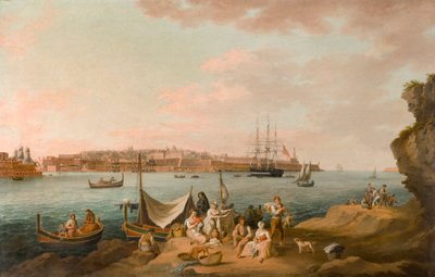 Harbour Scene, Malta (olja på kort) av Anton Schranz