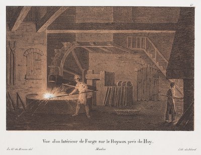 Interiör av en smedja nära Huy, Belgien, graverad av Jean-Baptiste Jobard (1792-1861) (tonad litho) av Anton de after Howen