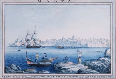 Malta: Utsikt över La Valletta från Fort Tigne, ingången till Marsamuscetto (akvarell) av Anton the Younger (circle) Schranz