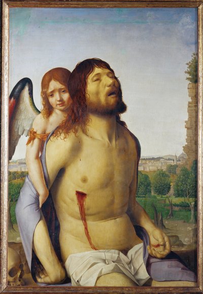 Den döde Kristus stöds av en ängel (målning på trä) av Antonello da Messina