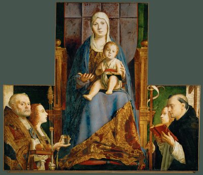 Heliga Maria med barn och heliga Nikolaus av Bari, Anastasia, Ursula, Dominicus och Helena av Antonello da Messina