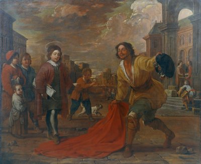 A simple man lays his cloak at the feet of Saint Francis as a child av Antoni Viladomat Y Manalt