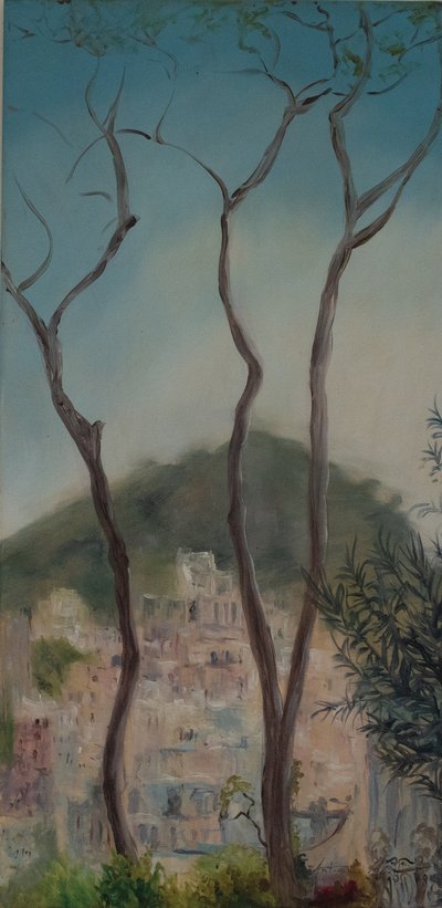Italienska träd, Amalfikusten, 2018 (olja på duk) av Antonia Myatt