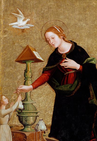 Detalj av Jungfrun, från bebådelsen med kardinal Juan de Torquemada (målning, ca 1460) av Antoniazzo Romano