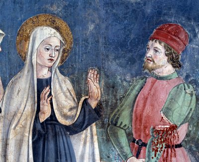 Life of St Francesca Romana: När hon återvänder till St John Lateran, helar helgonet en man med en avskuren arm, detalj (Fresco av Antoniazzo Romano