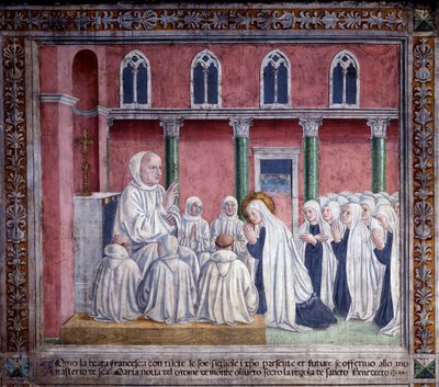 St. Francesca Romanas liv : Helgonet och oblaterna erbjuder sig till benediktinerorden och bosätter sig i kyrkan Santa Maria Nova, Rom (Fresco) av Antoniazzo Romano
