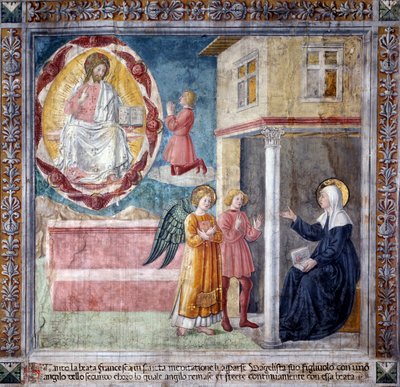 S:ta Francesca Romanas liv: Helgonets son, dödad av böldpesten visar sig för henne med en ängel (fresko av Antoniazzo Romano