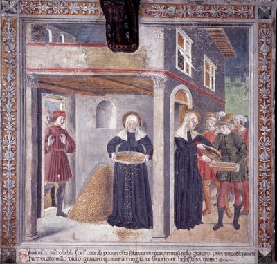 St. Francesca Romanas liv: under en allvarlig hungersnöd 1402 ger Francesca all sin säd till de fattiga (Fresco av Antoniazzo Romano