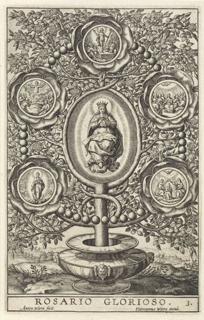 Fem härliga mysterier Rosario Glorioso (titel på objekt) Femton Mysteries of the Rosery (serietitel) av Antonie Wierix (II)