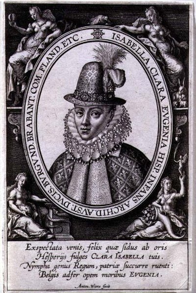 Porträtt av Isabella Clara Eugenia av Österrike (1566-1633) hustru till Albert, ärkehertig av Österrike (1559-1621) (gravyr) av Antonie Wierix
