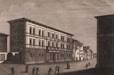 Vy över biskopspalatset i Pistoia, Toscana, Italien, kopparstick av Antonio Morghen (1788-1853), cirka 13x9,5 cm av Antonio (1788 1853) Morghen