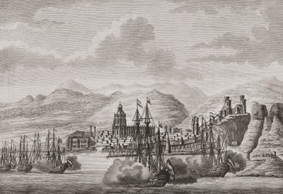 Holländska flottan utanför Malaga, Spanien 1784 skjuter salut. (skriva ut) av Antonio (after) Suntach