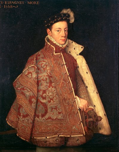 Porträtt av Don Carlos, Prins av Asturien (olja på duk) av Antonio (studio of) (attr. to) Moro