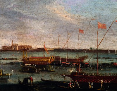 Bucentauren (statliga galären för dogerna i Venedig) vid Lido i Venedig, olja på duk, School of Canaletto, Italien av Antonio (studio of) Canaletto