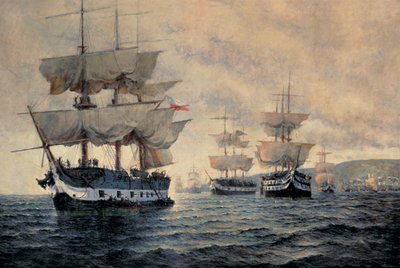 Embarking of the Liberating Expedition of Peru den 20 augusti 1820, under befäl av generalkapten Jose de San Martin (1778-1850) (olja på duk) av Antonio A. Abel