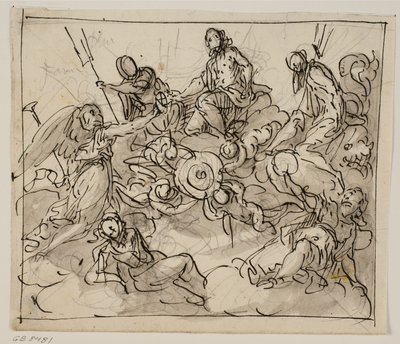 Allegorisk komposition med Venedig omgiven av två havsgudar, Fame och andra figurer av Antonio Aliense