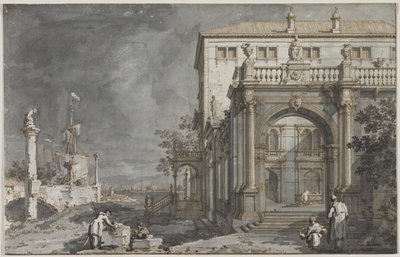 Capriccio: Ett palats med en innergård vid lagunen av Antonio Canaletto