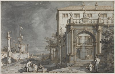 Capriccio: Ett palats med en innergård vid lagunen, ca. 1750-1755. av Giovanni Antonio Canal