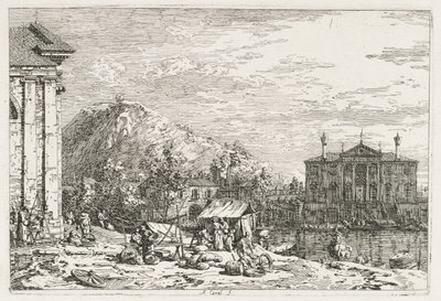 Utsikt: En stad bortom en flod av Antonio Canaletto