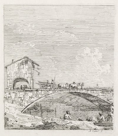 Utsikt: En vagn som passerar över en bro av Antonio Canaletto