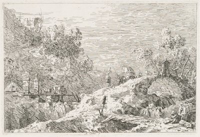 Utsikt: Bergslandskap med fem broar av Antonio Canaletto
