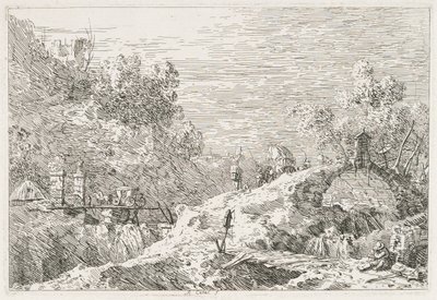 Utsikt: Bergslandskap med fem broar, 1735-1746. av Giovanni Antonio Canal