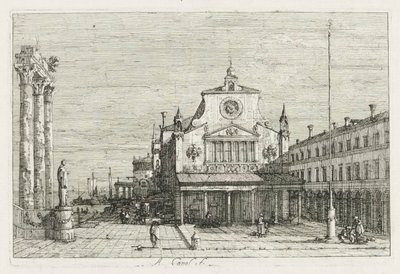 Utsikt: Tre kolumner och en staty vid havets kust av Antonio Canaletto
