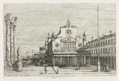 Utsikt: Tre kolonner och en staty vid havets kust, 1735-1746. av Giovanni Antonio Canal
