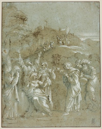 Jungfru Maria, de heliga kvinnorna och de heliga Johannes, Jakob och Josef av Arimatea med Kristus på vägen till Golgata av Antonio Carracci