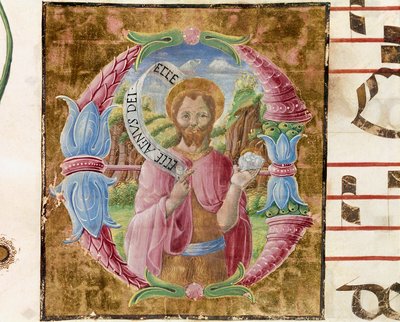 Saint John the Baptist Lettrine upplyst av Antonio Cicognari. Detalj av ett antifonarium. 1483. Cremone, kör 4, katedralens kapitel av Antonio Cicognara
