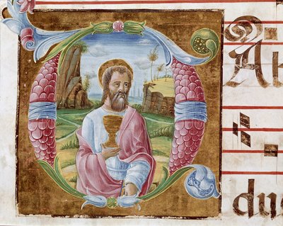 Johannes evangelisten Lettrine upplyst av Antonio Cicognari. Detalj av ett antifonarium. 1483. Cremone, kör 4, capitolo del duomo av Antonio Cicognara