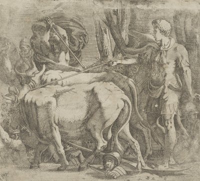 Cadmus bearbetar fältet där han sådde drakens tänder, 1540-45. av Antonio Fantuzzi