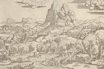Landskap från Venus Pushing Cupid ram, 1540-45. av Antonio Fantuzzi