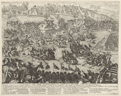 Aanval over zee en land op San Michele Angreppet till sjöss och till lands på ön S. Michele den 15 juli (titel på objektet) De belegering van Malta (serietitel) av Antonio Francesco Lucini