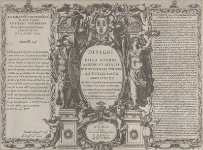 Frontispice för teckningar av kriget, belägringen och anfallet av den turkiska armén på ön..., 1631. av Antonio Francesco Lucini