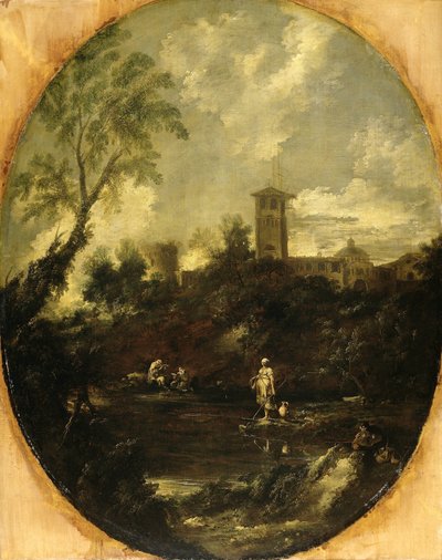 Landskap med munkar, pilgrim och bondkvinna av Antonio Francesco Peruzzini (attributed to)