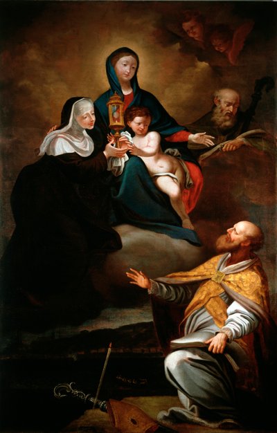 Jungfru med barn, med den helige Erasmus av Formia, den helige Augustinus av Hippo och den heliga Klara (olja på duk av Antonio Giolfi