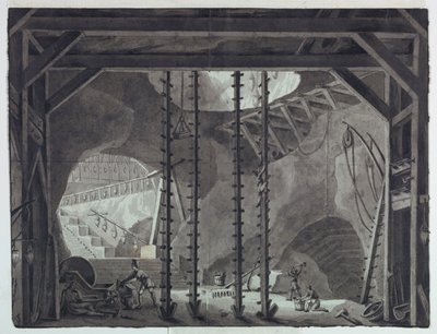 Scenografi, män som bygger byggnad i grottan av Antonio Giuseppe Basoli