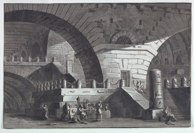 Scenografi, fängelseinteriör med Sokrates död av Antonio Giuseppe Basoli